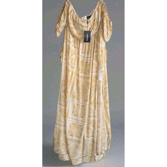 Pretty Little Thing Maxi Dress Yellow Cold Shoulder Floral Women's 2X NWT - Picture 1 of 11